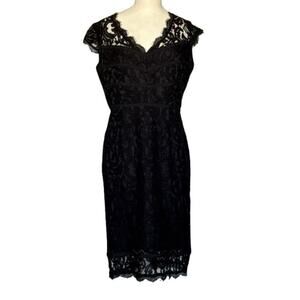 Adrianna Papell Dress Womens 6 Black Sheer Eyelash Lace Overlay V-Neck Sheath